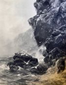1896 Peter Graham Sea Cliff Scene Signed Print a large print in black and white depicting a figure
