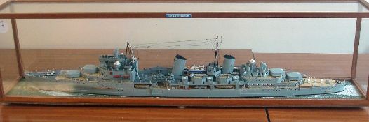 HMS Edinburgh Model a highly detailed model ship contained within glass and wood case, case measures