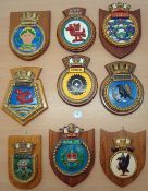 Selection of 9x Royal Navy Ship crests to include HMS Royal Oak, Hood, Drake plus others, approx.