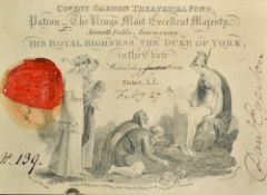 1822 Covent Garden Theatrical Fund engraved card ticket for a Guinea - by C. Corbould after J.