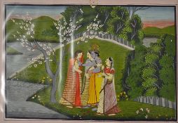 Hindu Radha Krishna Painting - lakeside scene 'Romance with the ladies', measures 27x19cm approx.