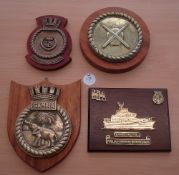 Metal Royal Nay Ship Crests on laid to wood, Minesweepers, Stratford Upon Avon RNA, Gambia and