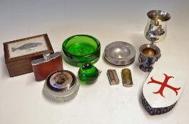 Wedgewood Green Glass Bird and Ashtray together with 'Camshaft Side Limited Ellworthy' metal