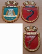 3x Large Royal Navy Ship crests to include Fury, Kelly and Ambuscade, measures 45cm high approx.