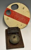 Station Bell Mounted to wood together with a white and red circular sign (2)