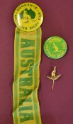 3x Australian rugby tour pin and souvenir badges: 2x in green and gold and one with matching ribbon,