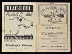 Wolverhampton Wanderers away reserve match programmes v Blackpool 1947/1948, 1948/1949. Fair-