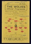1943/1944 War League Wolverhampton Wanderers v Leicester City football programme single sheet