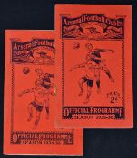 1935/1936 and 1934/1935 Arsenal v Wolverhampton Wanderers match programmes at Highbury Division 1