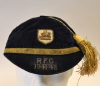 1941/42 Rugby Honours Cap: Dark navy/black velvet cap, with Lion Crest on a shield to front panel