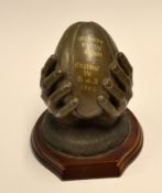 Women's Rugby Union Commemorative Trophy: Bronze resin rugby ball in hand celebrating Women's
