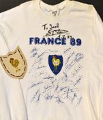 1987 Official France rugby training signed T shirt - Adidas France white T shirt with velvet 