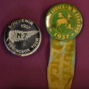 2x early and rare 1937 New Zealand All Blacks rugby tour to South Africa pin badges: one for South