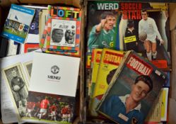Various football memorabilia from the 1950's onwards. Includes Charles Buchan's and other magazines,