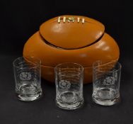 Rugby Ball ice bucket and 3x Scotland RFU whiskey tumblers: comprising brown resin rugby ball c/w