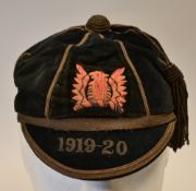 1919/20 Rugby Honours Cap - Epsom College: in black velvet with red phoenix-style badge, six