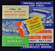 1958 FA Cup Final programme Bolton Wanderers v Manchester United + community singing sheet, also