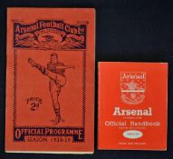 1938/39 Arsenal v Manchester United football programme date 15 April with season ticket