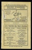 Pre-War 1938/1939 Bolton Wanderers v Wolverhampton Wanderers match programme Division 1 game.