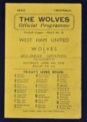 1945/1946 War League Wolverhampton Wanderers v West Ham United match programme 6 April 1946. Fair-