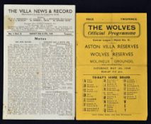 1945/1946 Wolverhampton Wanderers Reserves v Aston Villa football programme home (4 May 1946) and