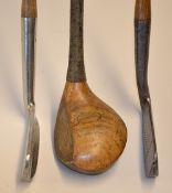 3x left handed clubs to incl light stained baffie (no grip), J. Morris Prestwick flanged sole