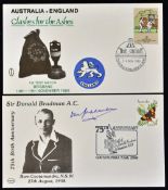 Two Cricket First Day Covers 1983 Donald Bradman signed 75th Birth Anniversary and 1986 Australia
