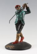 Cold Painted replica bronze figure of period golfer - mounted on circular base 9x 5.25