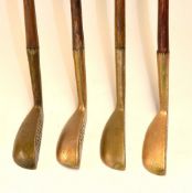 4x Brown Vardon style brass mallet head putters - all with oval hosels and shafts and 2x with deep