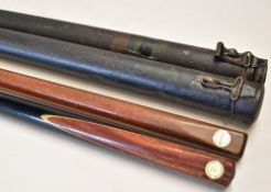 Birmingham Billiards Snooker Cues both one-piece cues with 'Birmingham Billiard' circular plaque
