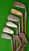 8x various golf clubs - to incl 7x irons and putter namely 2x Rangefinder mashie and m/niblick, Fred