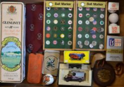 Eclectic golf collectibles - to incl Glen Livet Open golf Championship whiskey tin, Box Pro-Set tour
