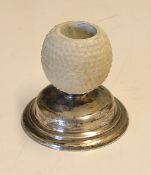 1910 Silver and ceramic golf ball match stick holder - fitted with bramble pattern ceramic golf ball