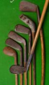 7x interesting golf clubs but in poor condition - incl wide deep grooved ribbed face mashie niblick,