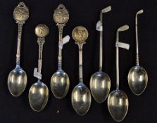7x various silver golfing tea spoons - 3x with golf club stems incl 2x with engraved heads SGC and