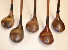 5x assorted woods to incl Spoon with patent raised brass sole insert, J H Taylor Autograph