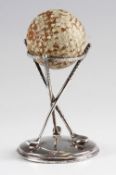 1959 Silver golf ball hole in one trophy- 3x crossed golf clubs c/w Dunlop Warwick 50/50 golf ball