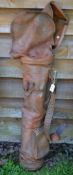 Period full leather golf bag c/w travel hood, leather handle, original shoulder strap, and leather