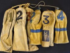 Collection of 6x period leather golf club head covers - to incl 3x matching long head covers for 1,2
