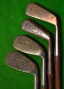 4x wide sole irons - Forgan Royal M/niblick, 2x jiggers one stamped with Spalding Gold Medal cleek