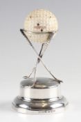1932 Silver golf ball hole in one trophy - 3x crossed golf clubs c/w Penfold Ace golf ball mounted