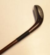 Original Sunday golf walking stick - with small dark stained bulger club head handle, with horn sole
