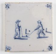 Early Dutch delft blue and white golf tile - hand painted with a Kolf scene - overall 5