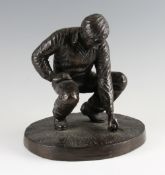 Bronze resin Golfer replacing a golf ball or teeing the golf ball - mounted on circular base