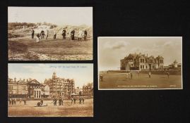 2x early St Andrews Golf Links postcards - Driving Off used and date '24; 18th Green and Club