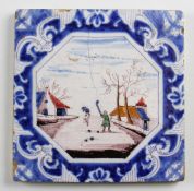Early Dutch delft blue and white golf tile - hand coloured Kolf scene - some crazing and surface