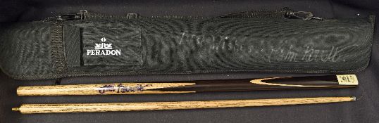 John Parrott Signed Snooker Cue a Peradon 'Joe Davis' two-piece cue, signed in ink (slightly