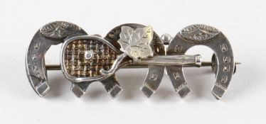 1898 Tennis Racket and Three Horse Show Silver Brooch hallmarked Birmingham makers S. Bro to the