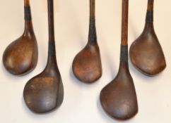 5x various socket head woods all with indistinct stamp marks to incl 2x spoons, 2x brassies and