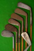 7x assorted irons - R Forgan m/niblick, Mussel back rustless niblick, Tom Stewart niblick (rusty),